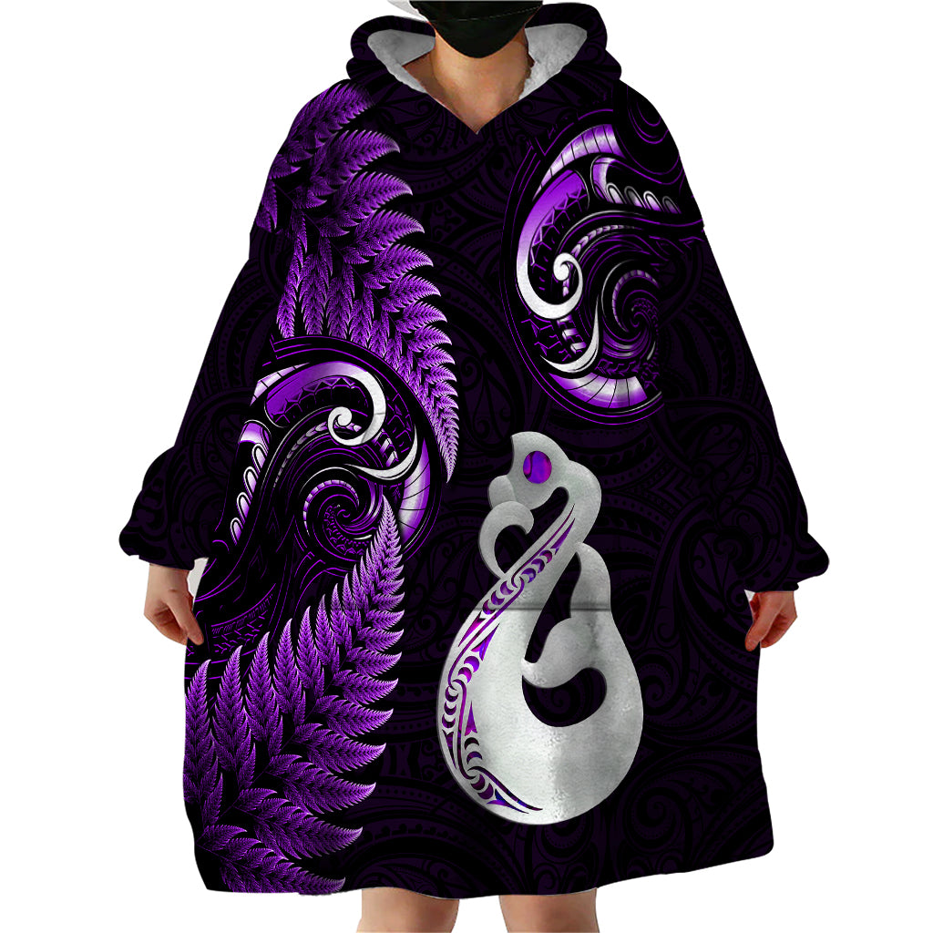 Personalised New Zealand Wearable Blanket Hoodie Aotearoa Silver Fern With Manaia Maori Unique Purple - Vibe Hoodie Shop