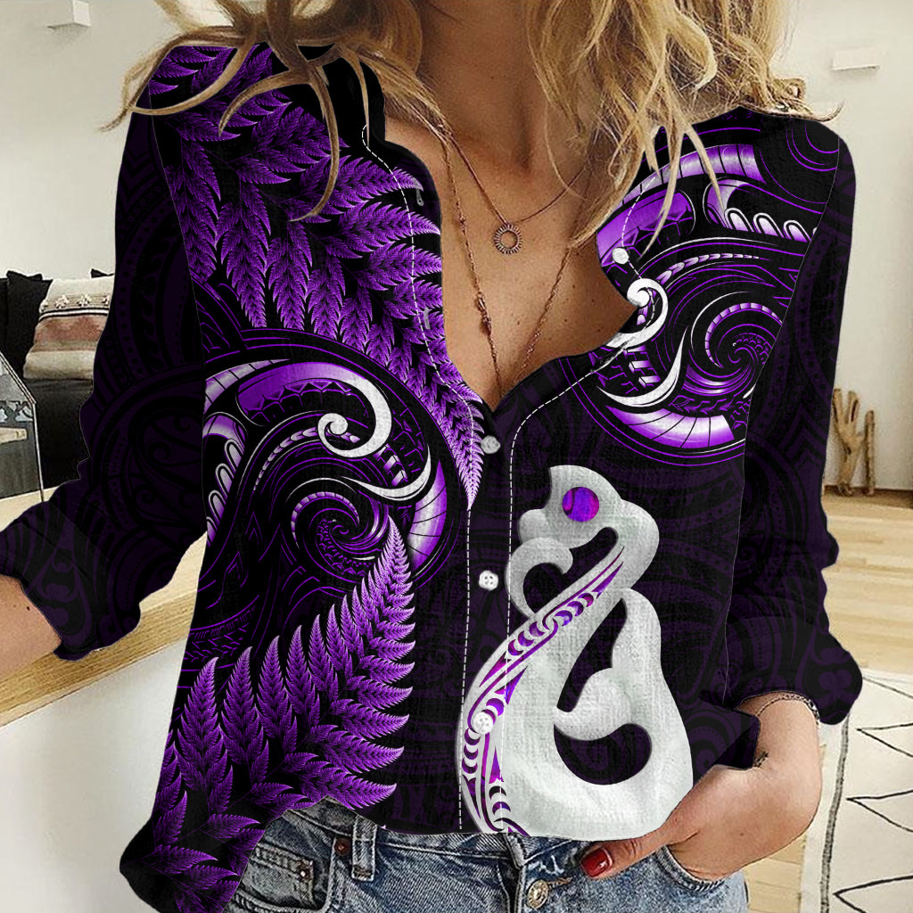 Personalised New Zealand Women Casual Shirt Aotearoa Silver Fern With Manaia Maori Unique Purple - Vibe Hoodie Shop