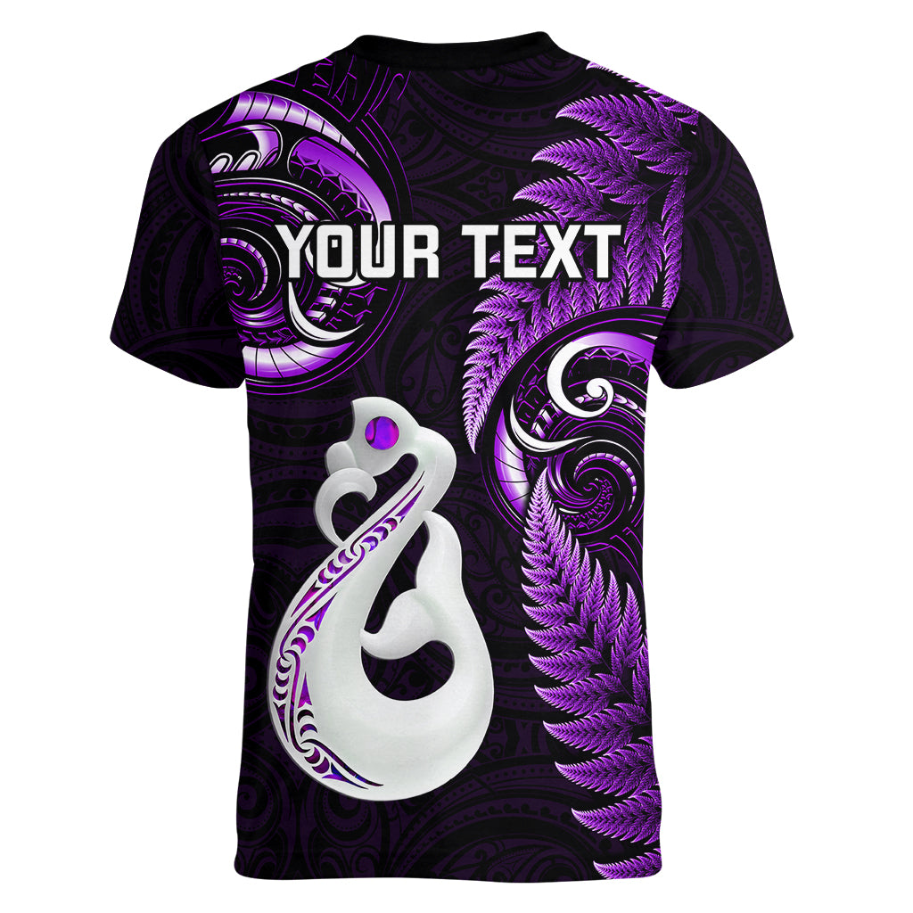 Personalised New Zealand Women V Neck T Shirt Aotearoa Silver Fern With Manaia Maori Unique Purple - Vibe Hoodie Shop