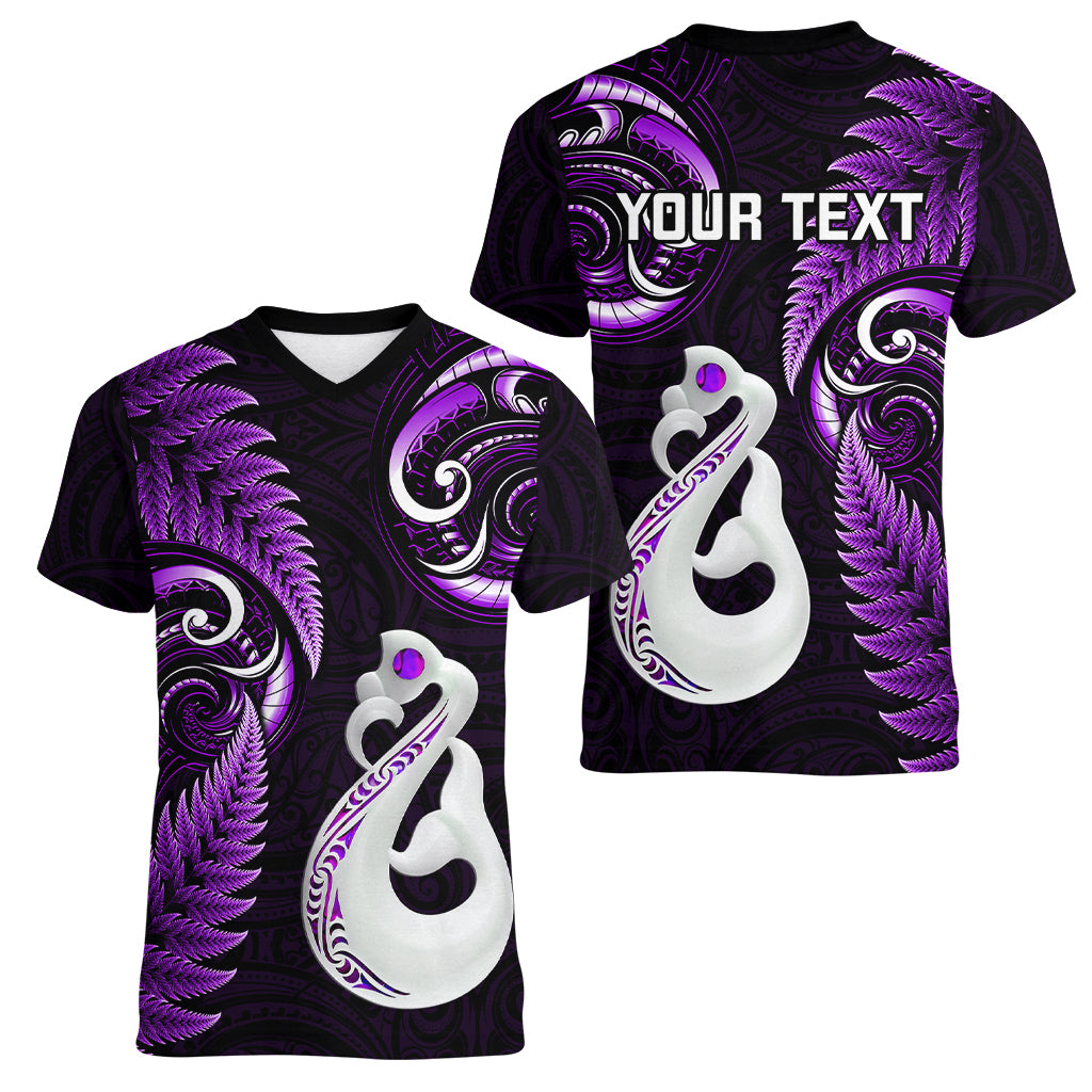 Personalised New Zealand Women V Neck T Shirt Aotearoa Silver Fern With Manaia Maori Unique Purple - Vibe Hoodie Shop