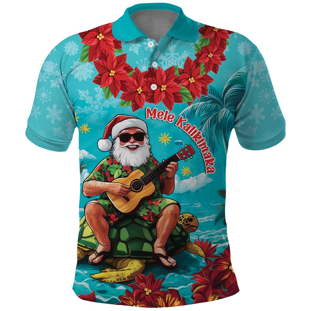 Hawaii Christmas Polo Shirt Mele Kalikimaka Poinsettia Lei - Cyan - Vibe Hoodie Shop