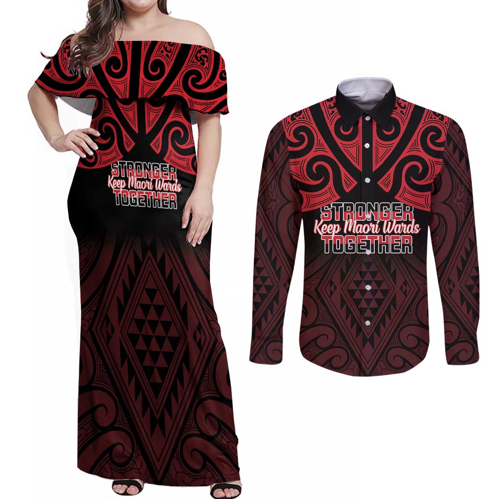 Personalised Keep Maori Wards New Zealand Couples Matching Off Shoulder Maxi Dress and Long Sleeve Button Shirt Stronger Together Aotearoa Taniko - Vibe Hoodie