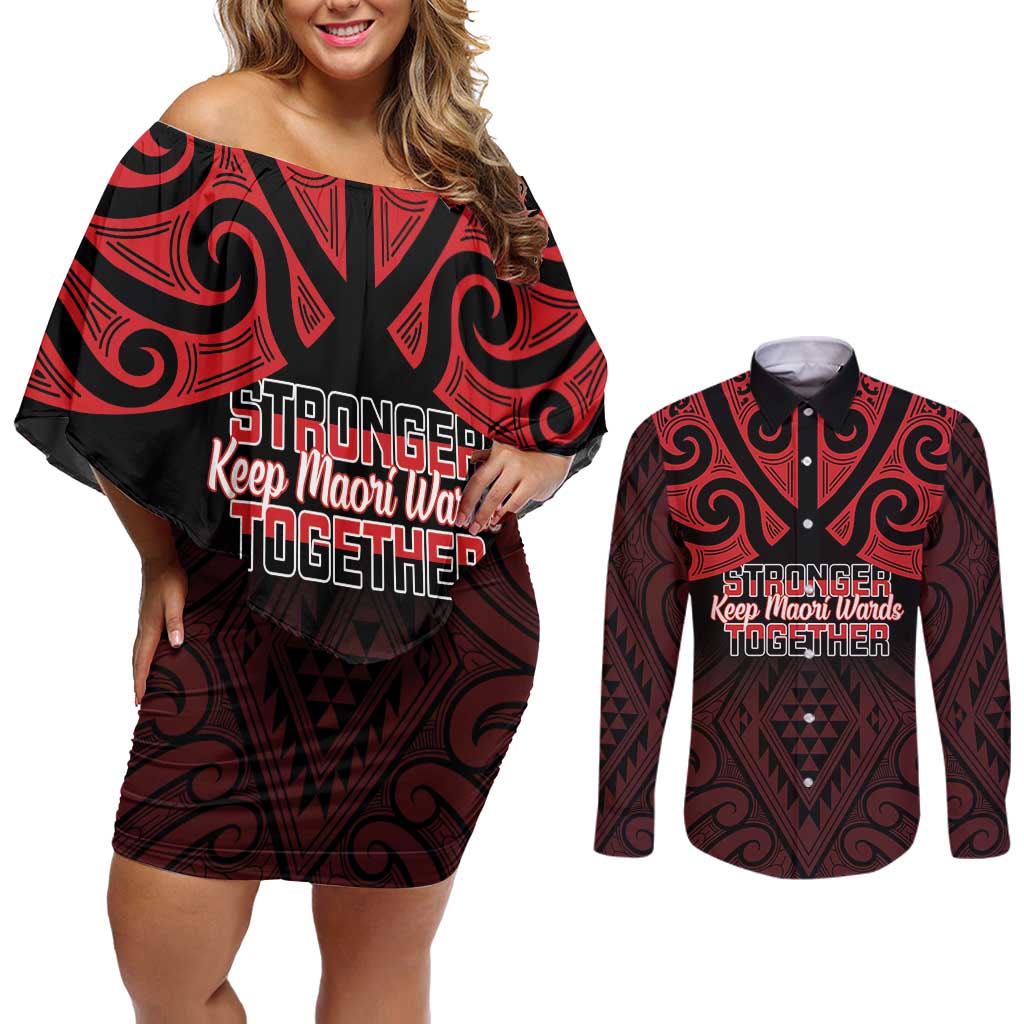 Personalised Keep Maori Wards New Zealand Couples Matching Off Shoulder Short Dress and Long Sleeve Button Shirt Stronger Together Aotearoa Taniko - Vibe Hoodie