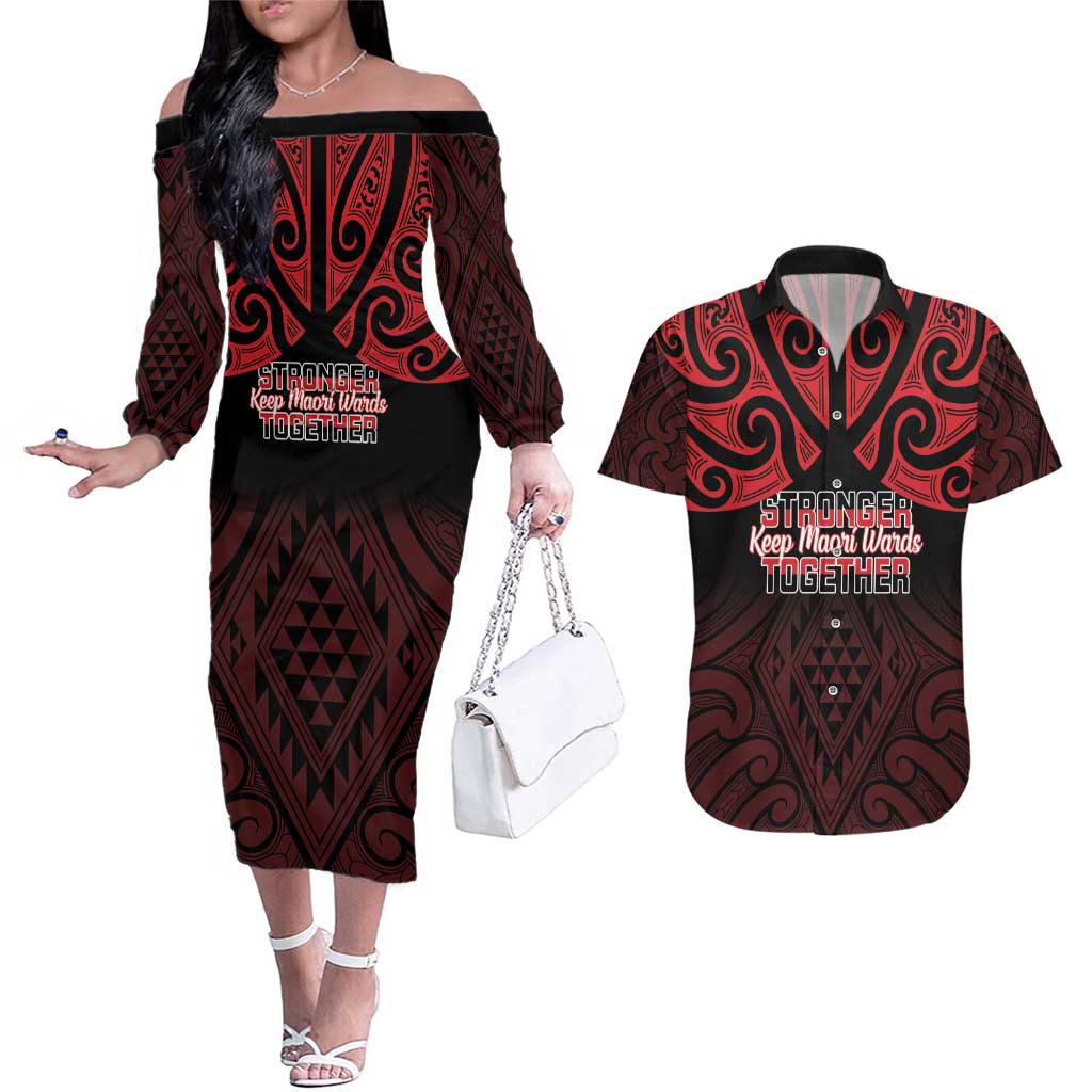 Personalised Keep Maori Wards New Zealand Couples Matching Off The Shoulder Long Sleeve Dress and Hawaiian Shirt Stronger Together Aotearoa Taniko - Vibe Hoodie