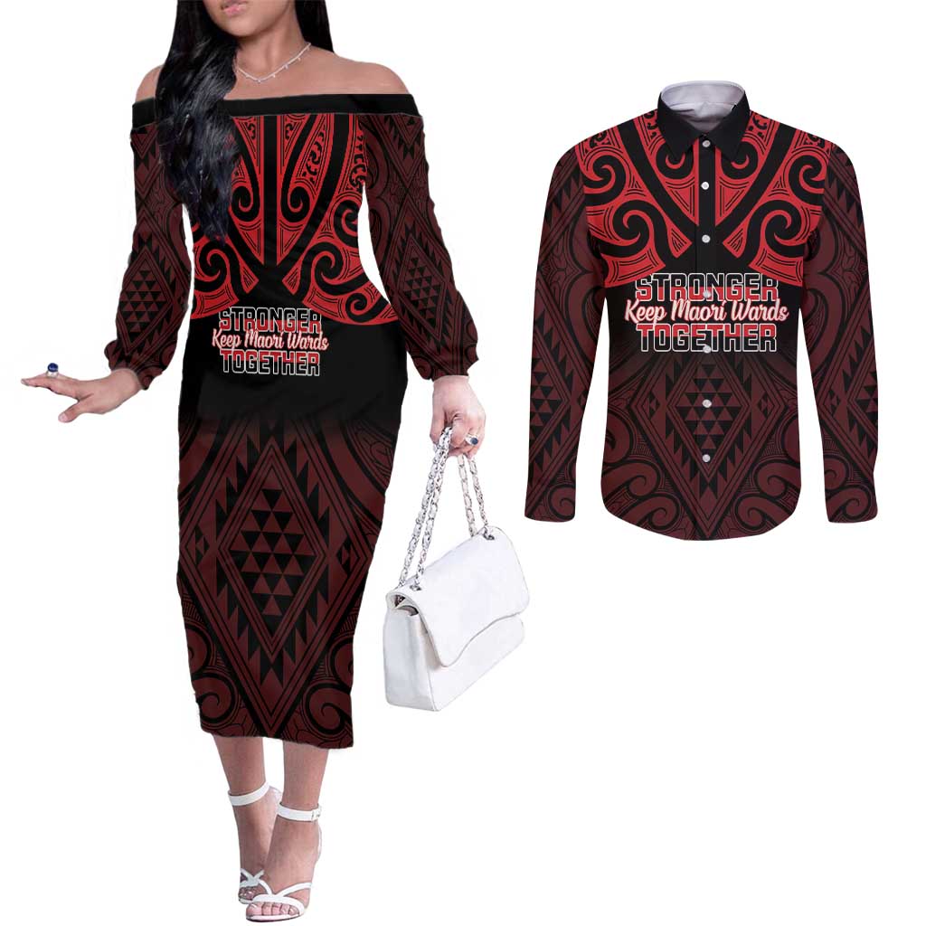 Personalised Keep Maori Wards New Zealand Couples Matching Off The Shoulder Long Sleeve Dress and Long Sleeve Button Shirt Stronger Together Aotearoa Taniko - Vibe Hoodie