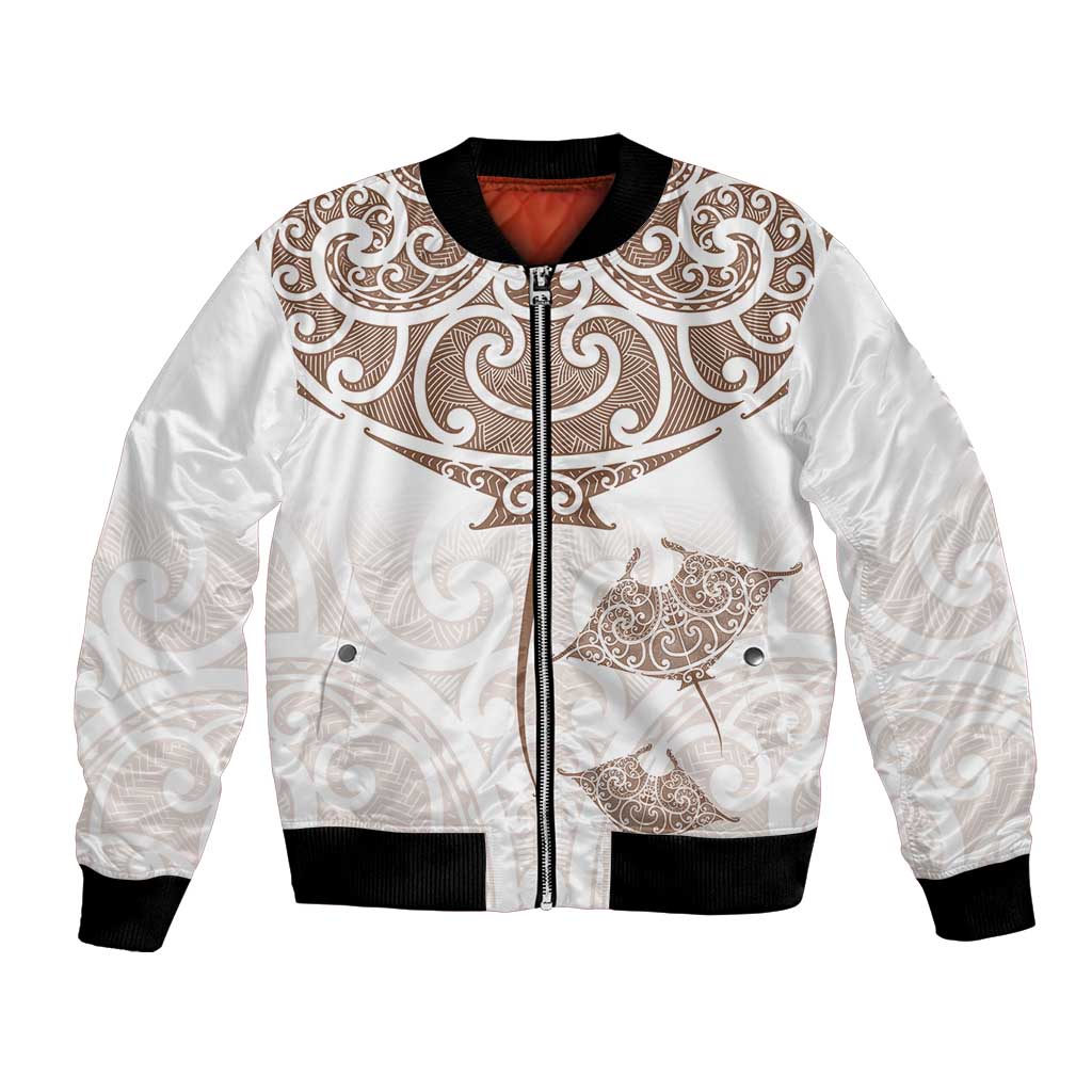 New Zealand Manta Ray Tattoo Bomber Jacket Aotearoa Maori Haehae Beige - Vibe Hoodie
