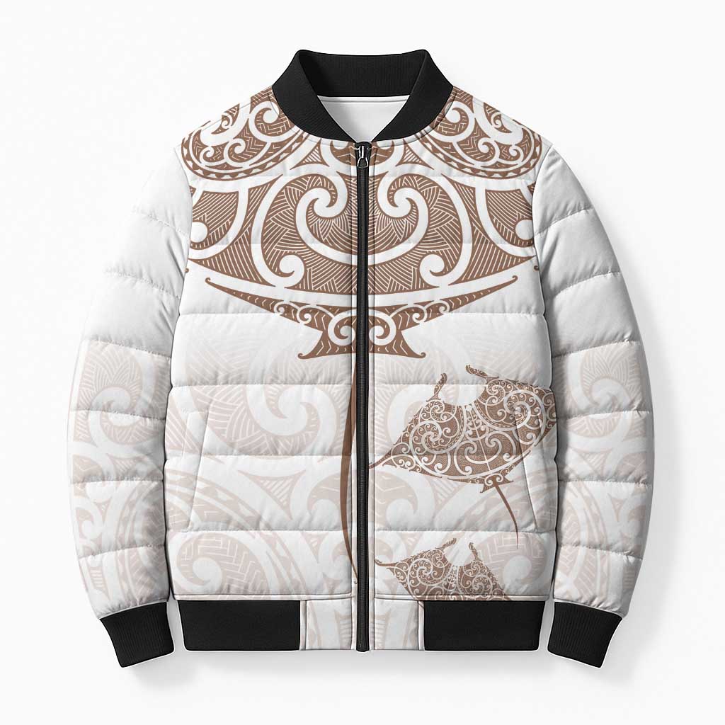 New Zealand Manta Ray Tattoo Bomber Puffer Jacket Aotearoa Maori Haehae Beige - Vibe Hoodie