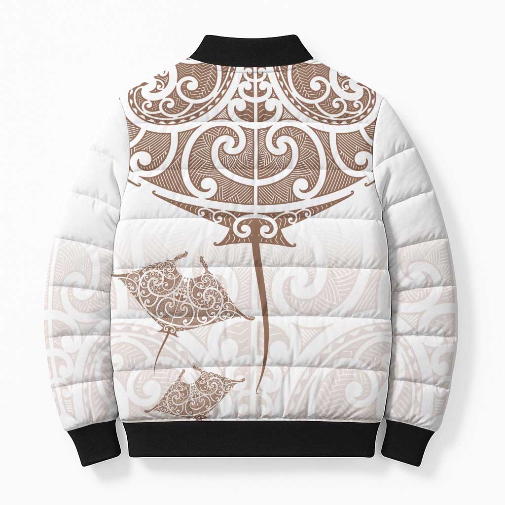 New Zealand Manta Ray Tattoo Bomber Puffer Jacket Aotearoa Maori Haehae Beige - Vibe Hoodie