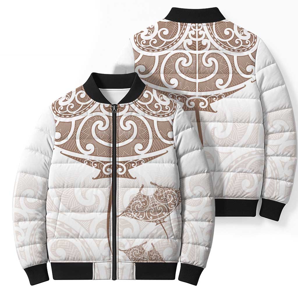 New Zealand Manta Ray Tattoo Bomber Puffer Jacket Aotearoa Maori Haehae Beige - Vibe Hoodie