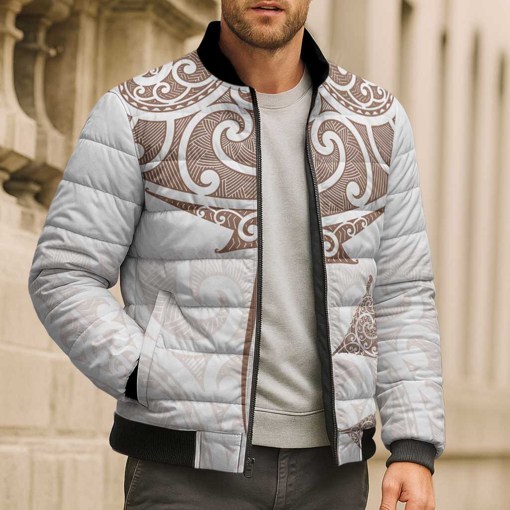 New Zealand Manta Ray Tattoo Bomber Puffer Jacket Aotearoa Maori Haehae Beige - Vibe Hoodie