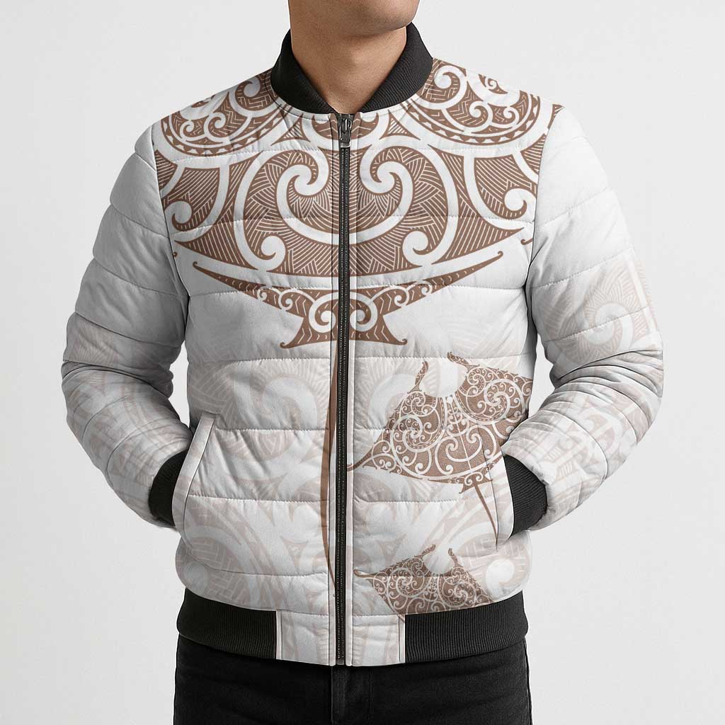 New Zealand Manta Ray Tattoo Bomber Puffer Jacket Aotearoa Maori Haehae Beige - Vibe Hoodie