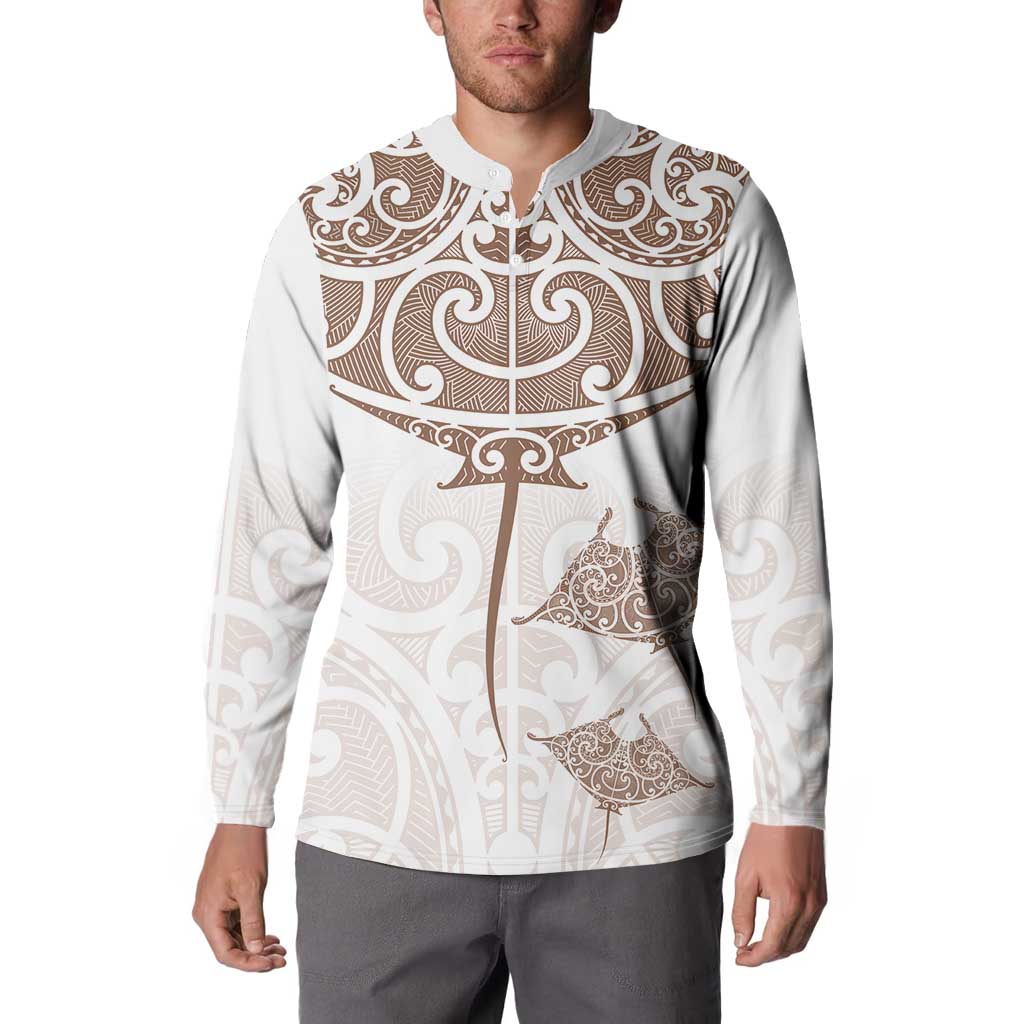 New Zealand Manta Ray Tattoo Button Sweatshirt Aotearoa Maori Haehae Beige - Vibe Hoodie