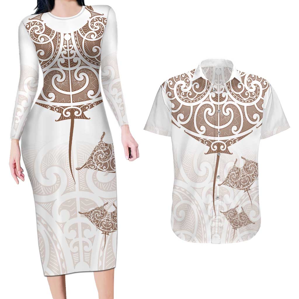 New Zealand Manta Ray Tattoo Couples Matching Long Sleeve Bodycon Dress and Hawaiian Shirt Aotearoa Maori Haehae Beige - Vibe Hoodie
