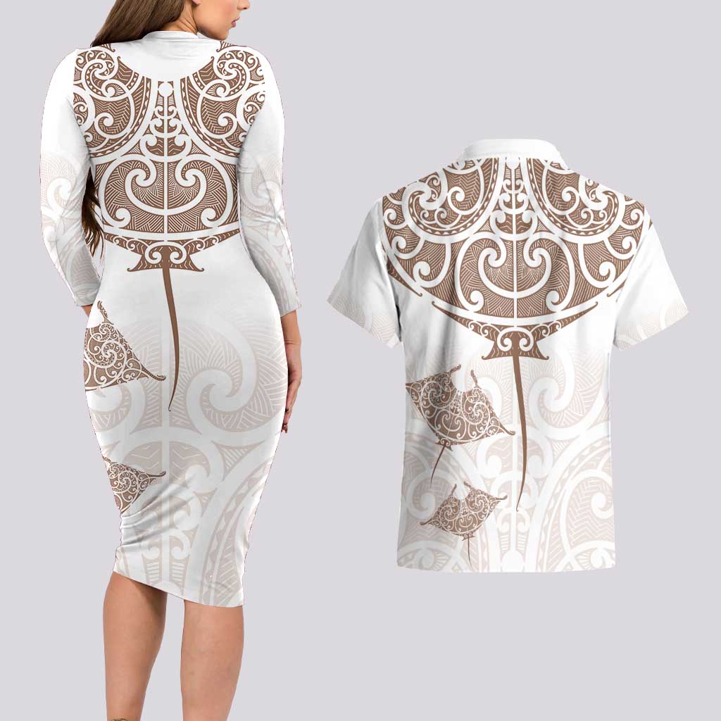 New Zealand Manta Ray Tattoo Couples Matching Long Sleeve Bodycon Dress and Hawaiian Shirt Aotearoa Maori Haehae Beige - Vibe Hoodie