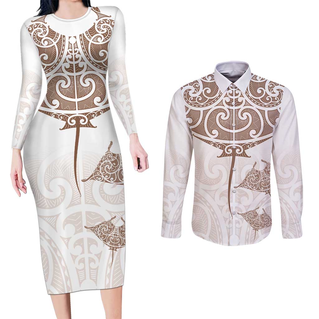 New Zealand Manta Ray Tattoo Couples Matching Long Sleeve Bodycon Dress and Long Sleeve Button Shirt Aotearoa Maori Haehae Beige - Vibe Hoodie