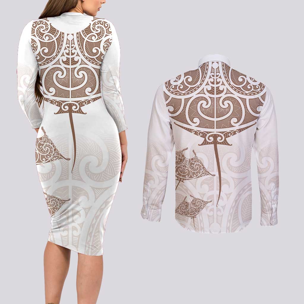 New Zealand Manta Ray Tattoo Couples Matching Long Sleeve Bodycon Dress and Long Sleeve Button Shirt Aotearoa Maori Haehae Beige - Vibe Hoodie