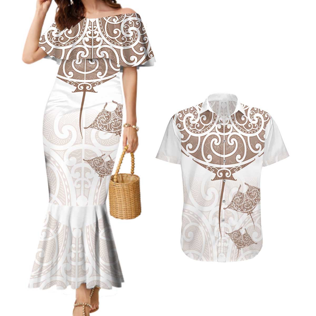 New Zealand Manta Ray Tattoo Couples Matching Mermaid Dress and Hawaiian Shirt Aotearoa Maori Haehae Beige - Vibe Hoodie