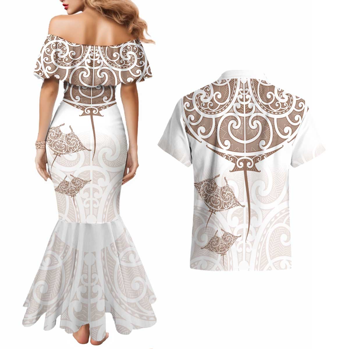 New Zealand Manta Ray Tattoo Couples Matching Mermaid Dress and Hawaiian Shirt Aotearoa Maori Haehae Beige - Vibe Hoodie
