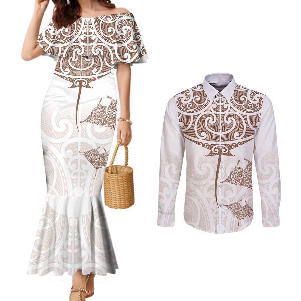 New Zealand Manta Ray Tattoo Couples Matching Mermaid Dress and Long Sleeve Button Shirt Aotearoa Maori Haehae Beige - Vibe Hoodie