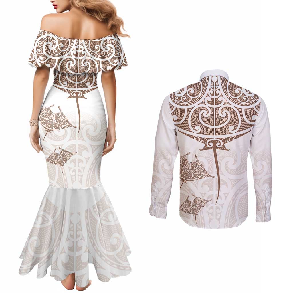 New Zealand Manta Ray Tattoo Couples Matching Mermaid Dress and Long Sleeve Button Shirt Aotearoa Maori Haehae Beige - Vibe Hoodie