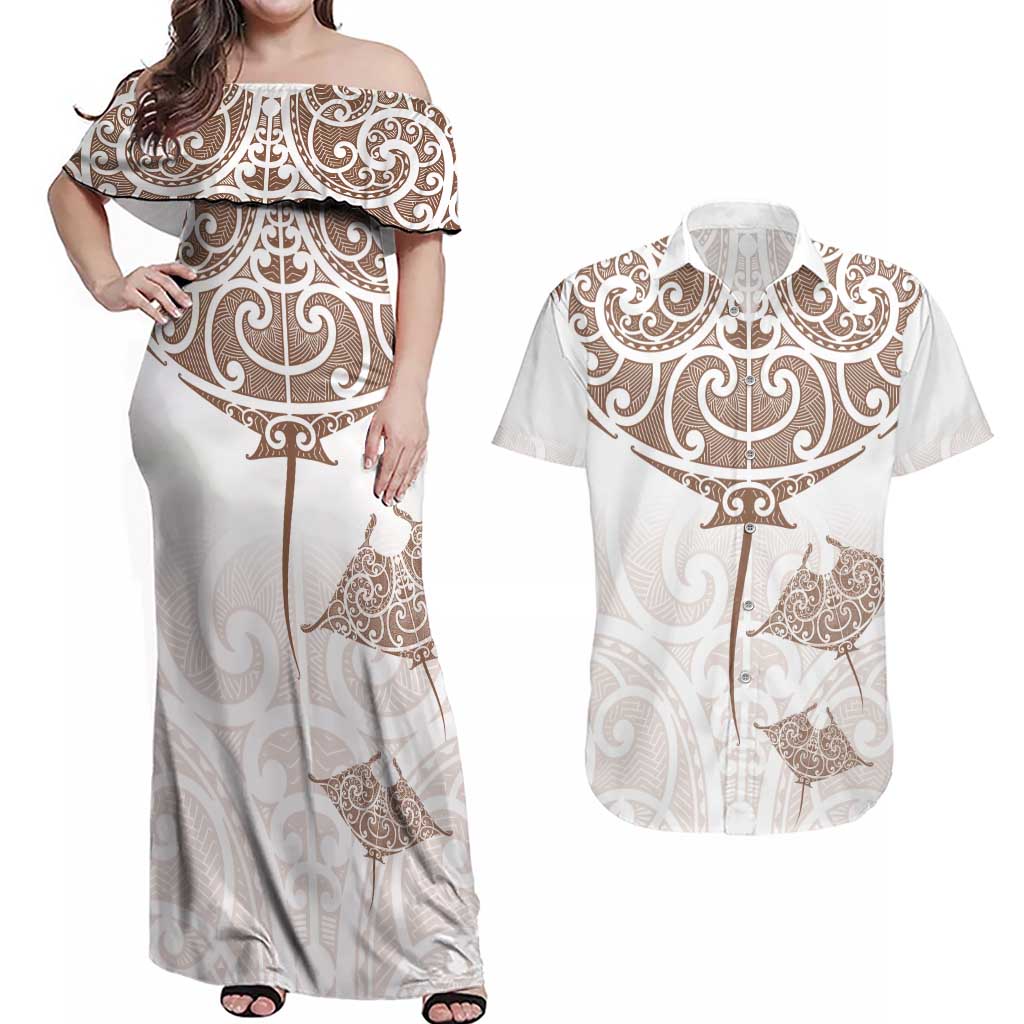 New Zealand Manta Ray Tattoo Couples Matching Off Shoulder Maxi Dress and Hawaiian Shirt Aotearoa Maori Haehae Beige - Vibe Hoodie