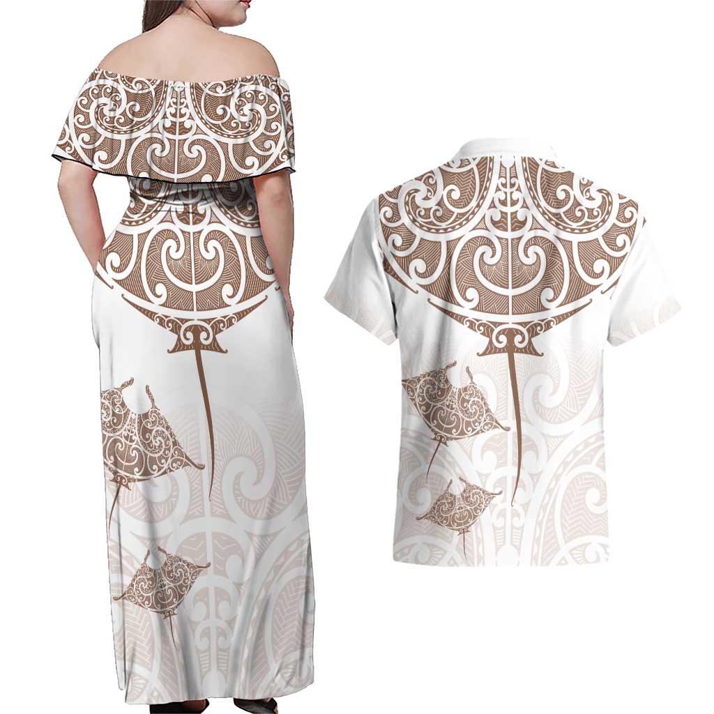 New Zealand Manta Ray Tattoo Couples Matching Off Shoulder Maxi Dress and Hawaiian Shirt Aotearoa Maori Haehae Beige - Vibe Hoodie