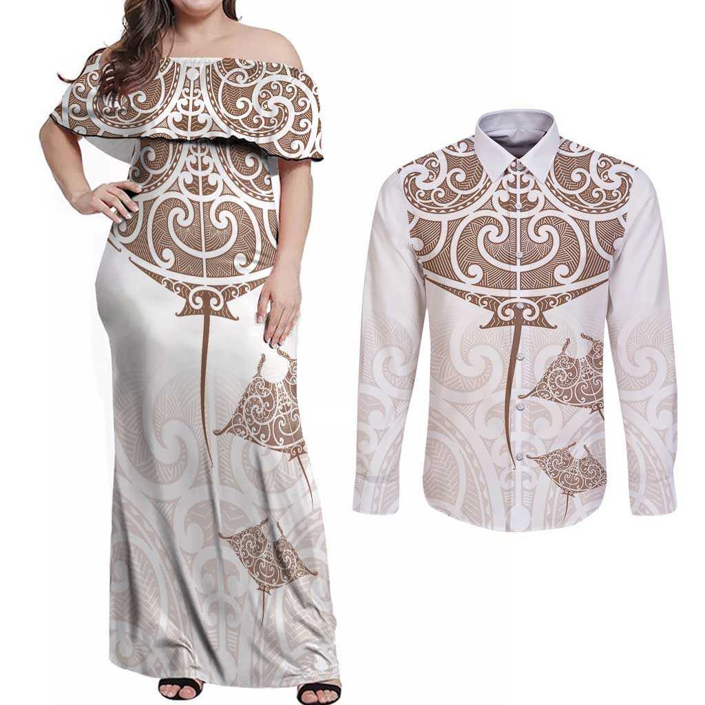 New Zealand Manta Ray Tattoo Couples Matching Off Shoulder Maxi Dress and Long Sleeve Button Shirt Aotearoa Maori Haehae Beige - Vibe Hoodie