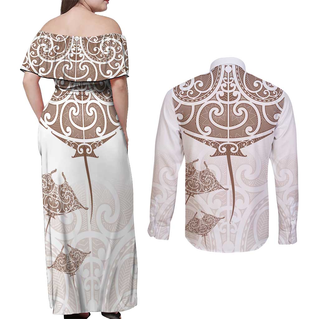 New Zealand Manta Ray Tattoo Couples Matching Off Shoulder Maxi Dress and Long Sleeve Button Shirt Aotearoa Maori Haehae Beige - Vibe Hoodie