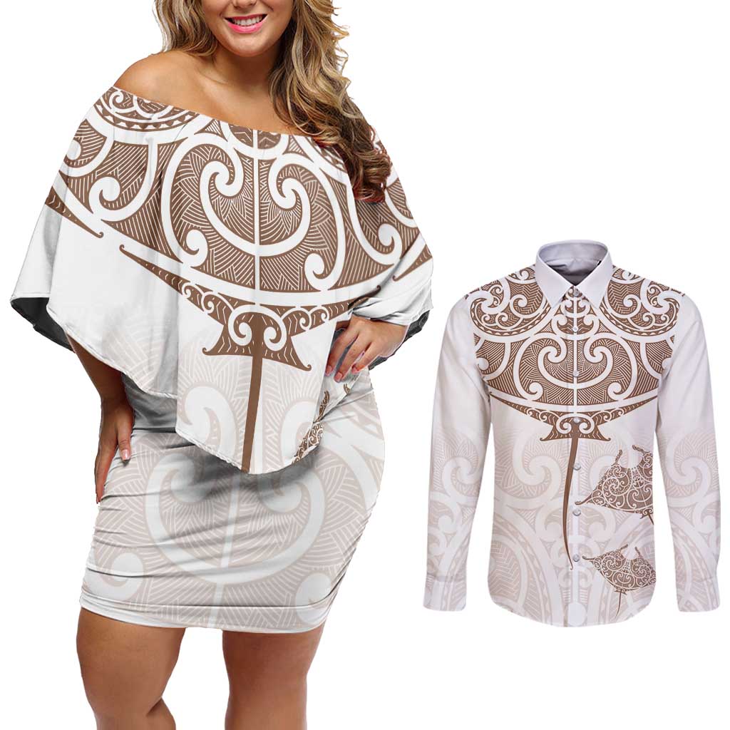 New Zealand Manta Ray Tattoo Couples Matching Off Shoulder Short Dress and Long Sleeve Button Shirt Aotearoa Maori Haehae Beige - Vibe Hoodie