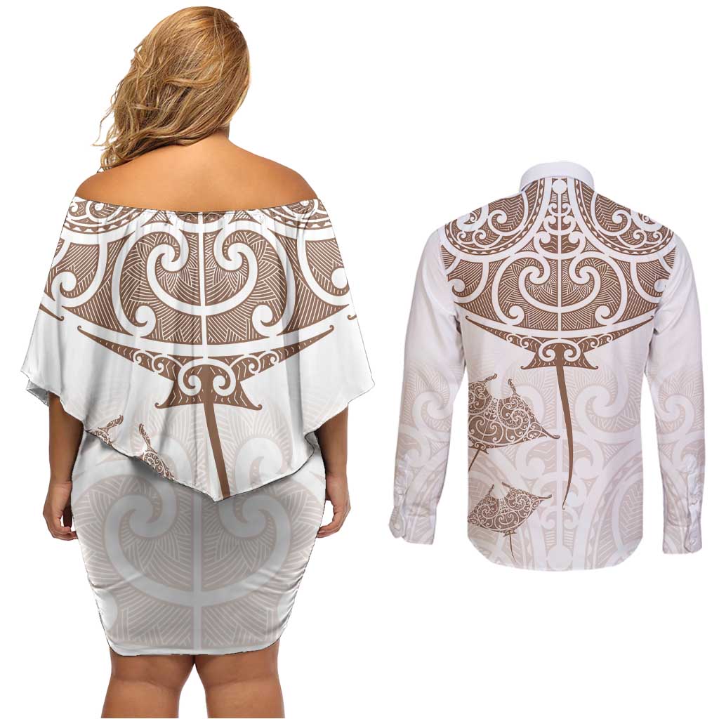 New Zealand Manta Ray Tattoo Couples Matching Off Shoulder Short Dress and Long Sleeve Button Shirt Aotearoa Maori Haehae Beige - Vibe Hoodie