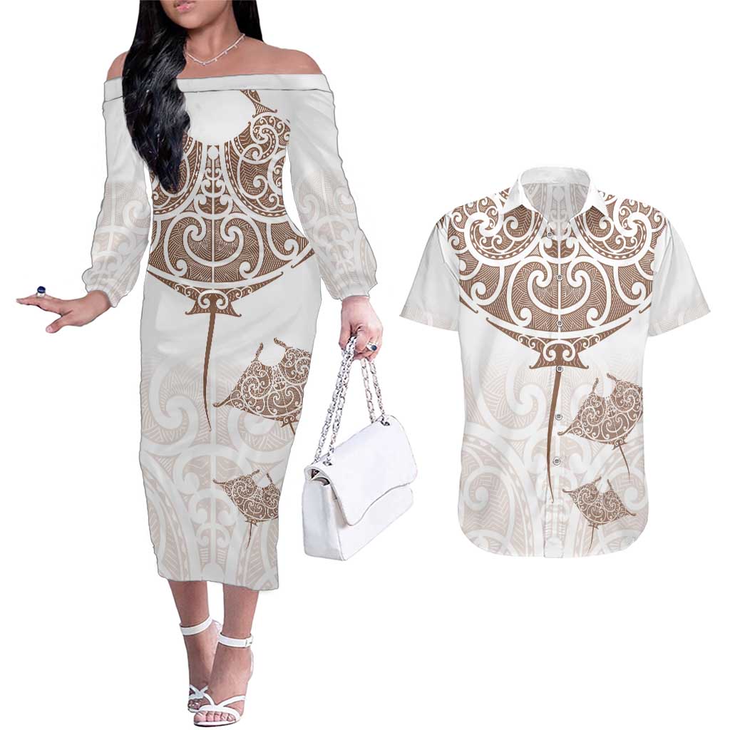 New Zealand Manta Ray Tattoo Couples Matching Off The Shoulder Long Sleeve Dress and Hawaiian Shirt Aotearoa Maori Haehae Beige - Vibe Hoodie