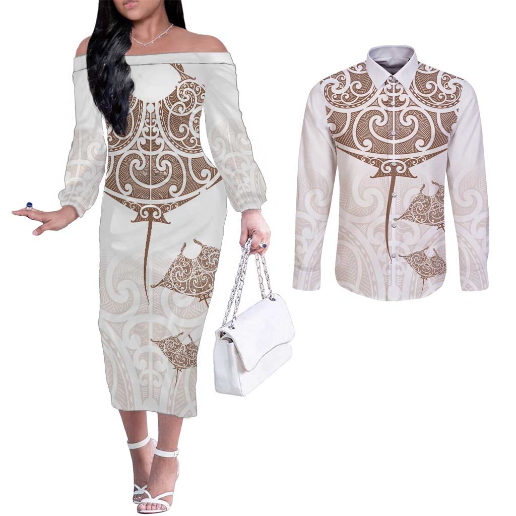 New Zealand Manta Ray Tattoo Couples Matching Off The Shoulder Long Sleeve Dress and Long Sleeve Button Shirt Aotearoa Maori Haehae Beige - Vibe Hoodie