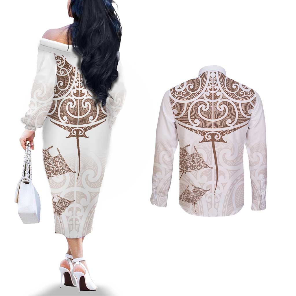New Zealand Manta Ray Tattoo Couples Matching Off The Shoulder Long Sleeve Dress and Long Sleeve Button Shirt Aotearoa Maori Haehae Beige - Vibe Hoodie