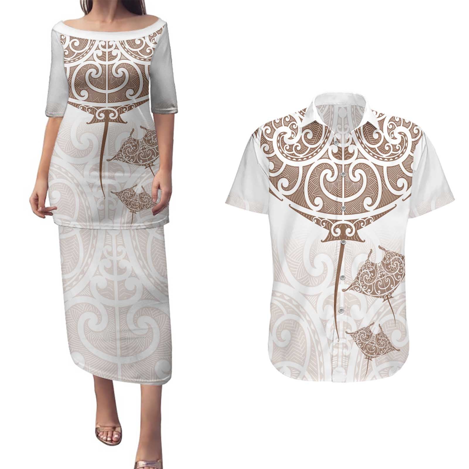 New Zealand Manta Ray Tattoo Couples Matching Puletasi and Hawaiian Shirt Aotearoa Maori Haehae Beige - Vibe Hoodie