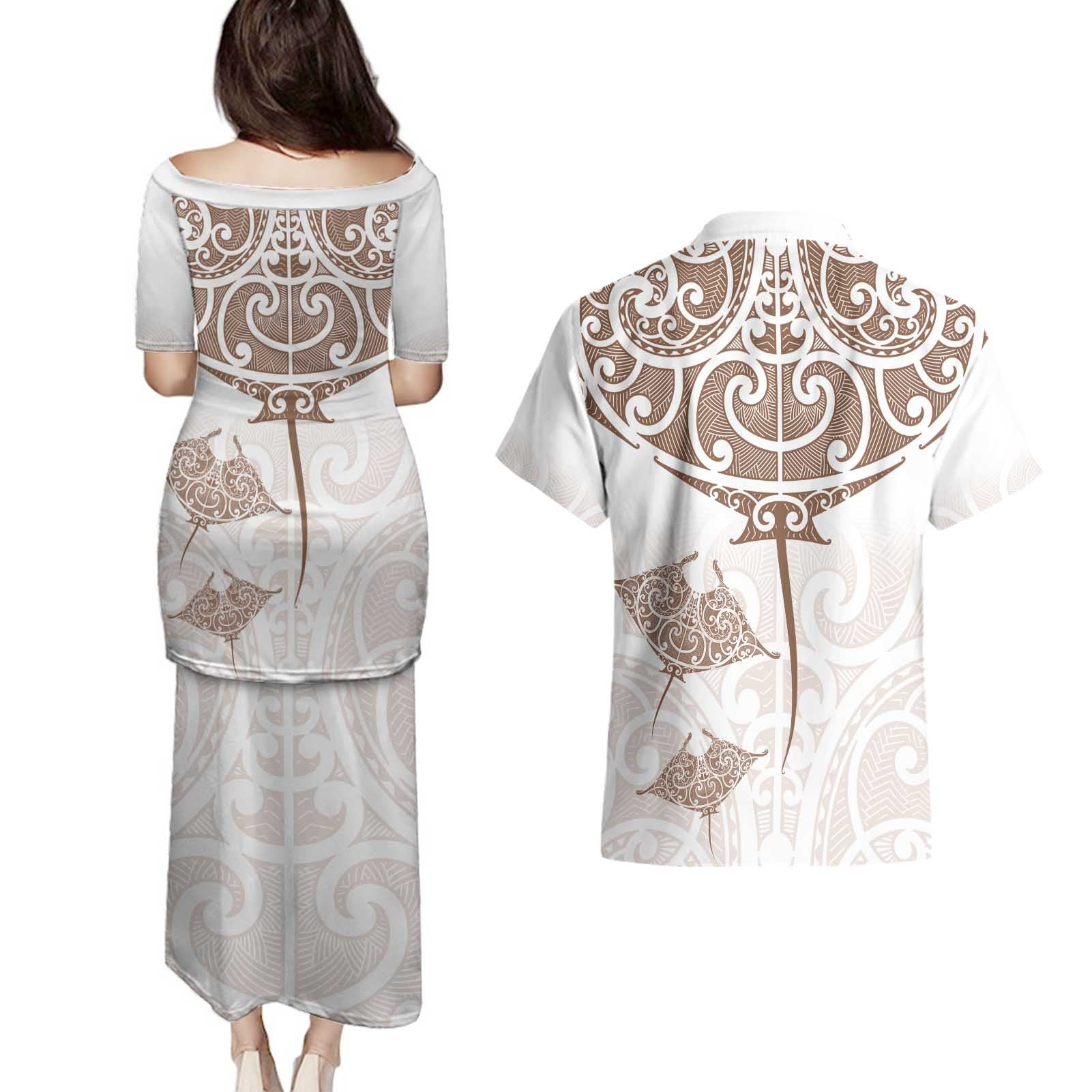 New Zealand Manta Ray Tattoo Couples Matching Puletasi and Hawaiian Shirt Aotearoa Maori Haehae Beige - Vibe Hoodie
