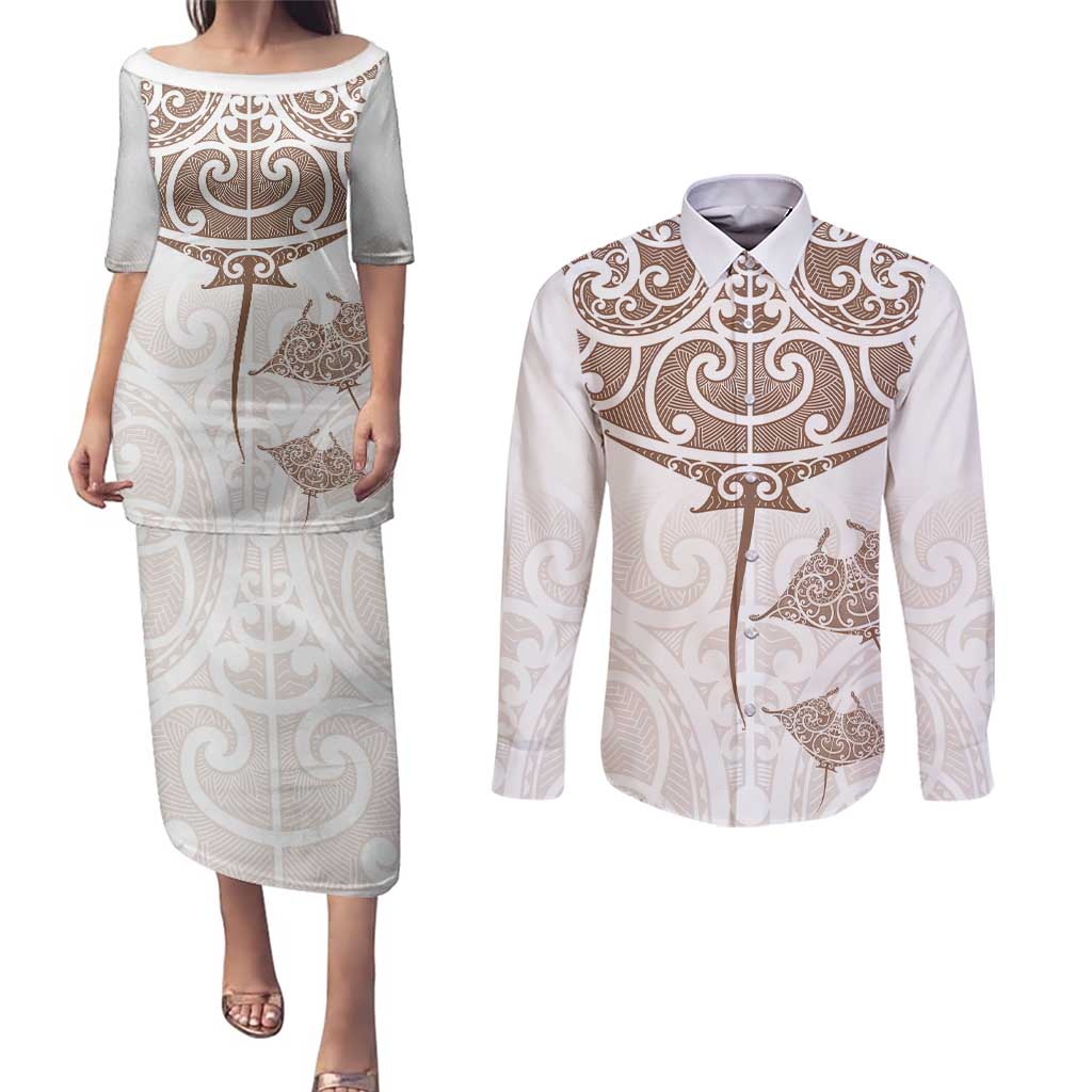 New Zealand Manta Ray Tattoo Couples Matching Puletasi and Long Sleeve Button Shirt Aotearoa Maori Haehae Beige - Vibe Hoodie