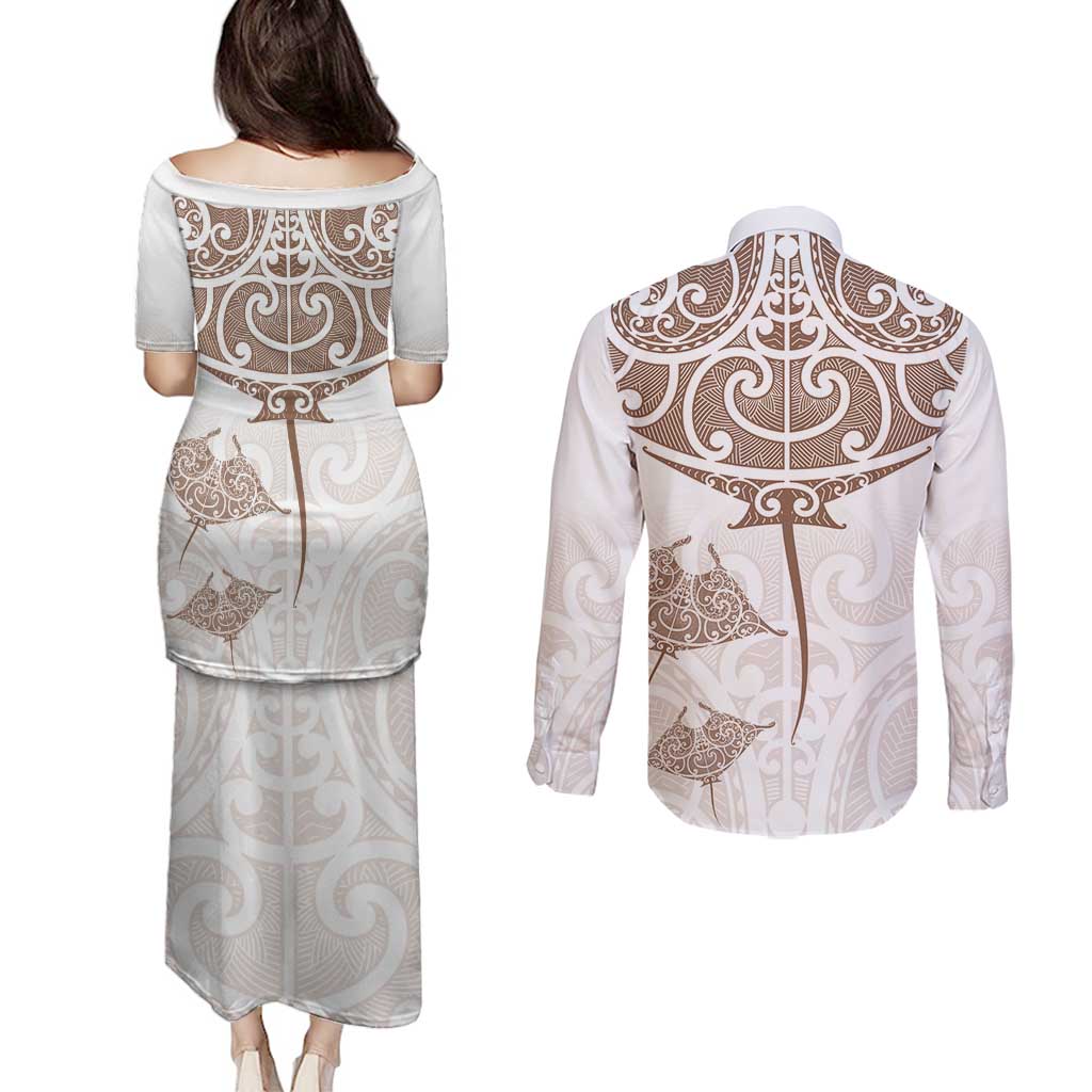 New Zealand Manta Ray Tattoo Couples Matching Puletasi and Long Sleeve Button Shirt Aotearoa Maori Haehae Beige - Vibe Hoodie
