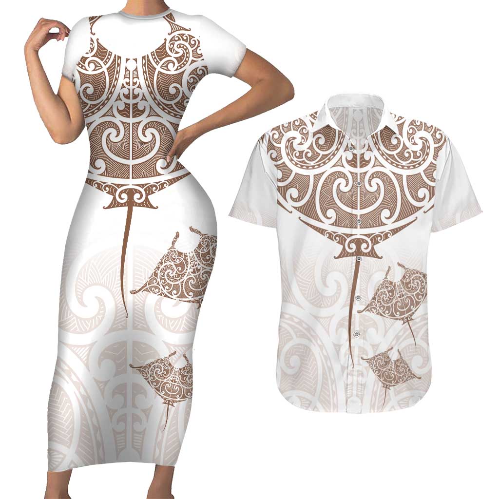 New Zealand Manta Ray Tattoo Couples Matching Short Sleeve Bodycon Dress and Hawaiian Shirt Aotearoa Maori Haehae Beige - Vibe Hoodie