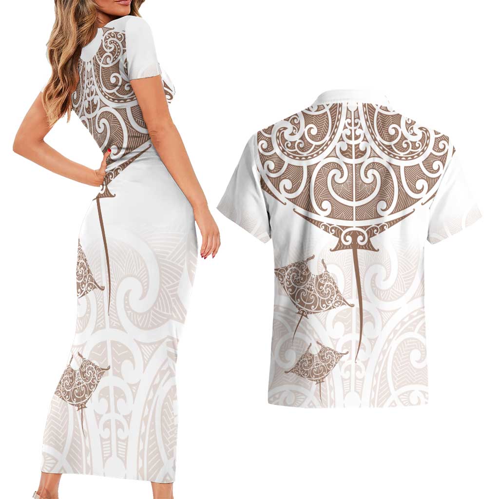 New Zealand Manta Ray Tattoo Couples Matching Short Sleeve Bodycon Dress and Hawaiian Shirt Aotearoa Maori Haehae Beige - Vibe Hoodie
