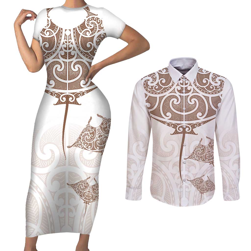 New Zealand Manta Ray Tattoo Couples Matching Short Sleeve Bodycon Dress and Long Sleeve Button Shirt Aotearoa Maori Haehae Beige - Vibe Hoodie