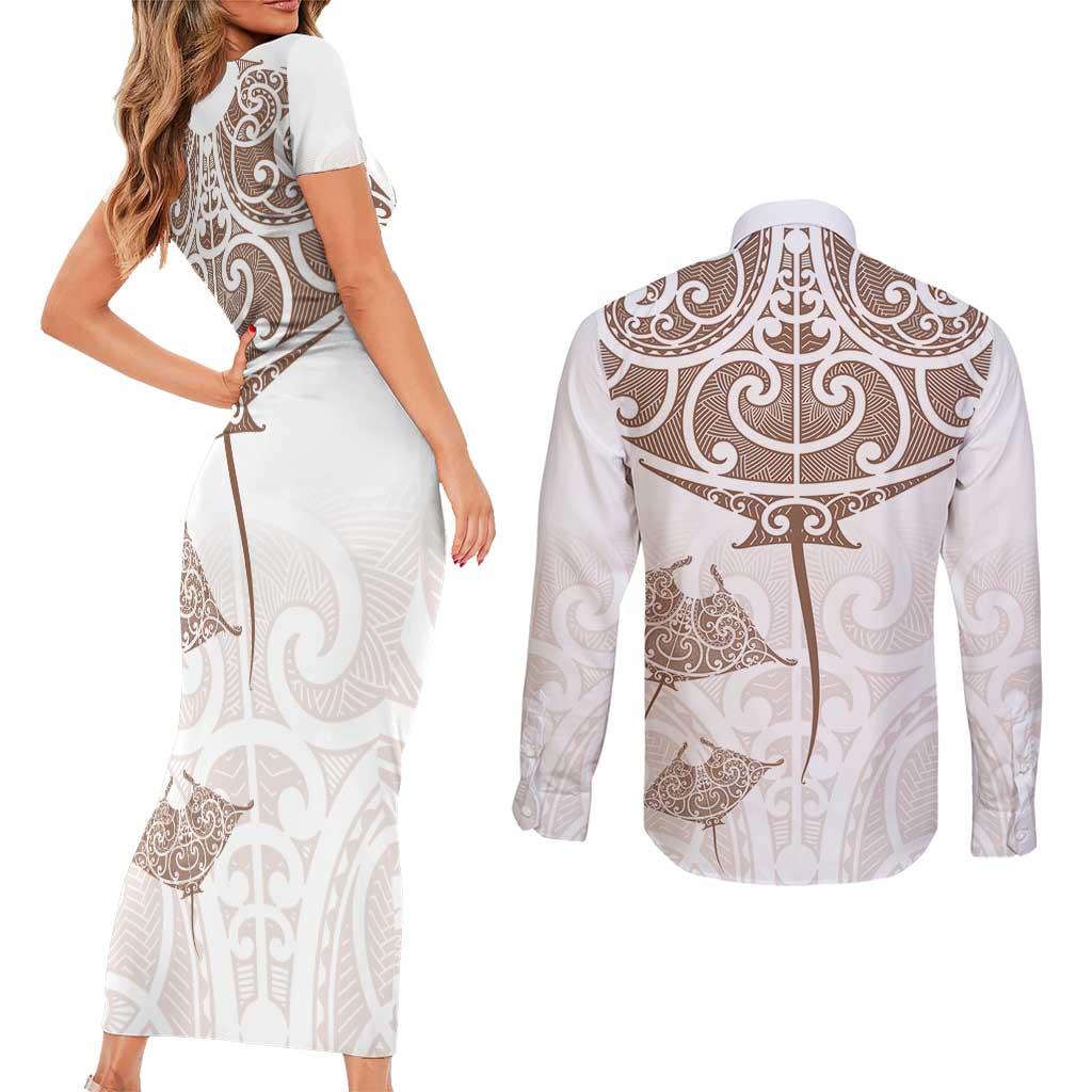 New Zealand Manta Ray Tattoo Couples Matching Short Sleeve Bodycon Dress and Long Sleeve Button Shirt Aotearoa Maori Haehae Beige - Vibe Hoodie