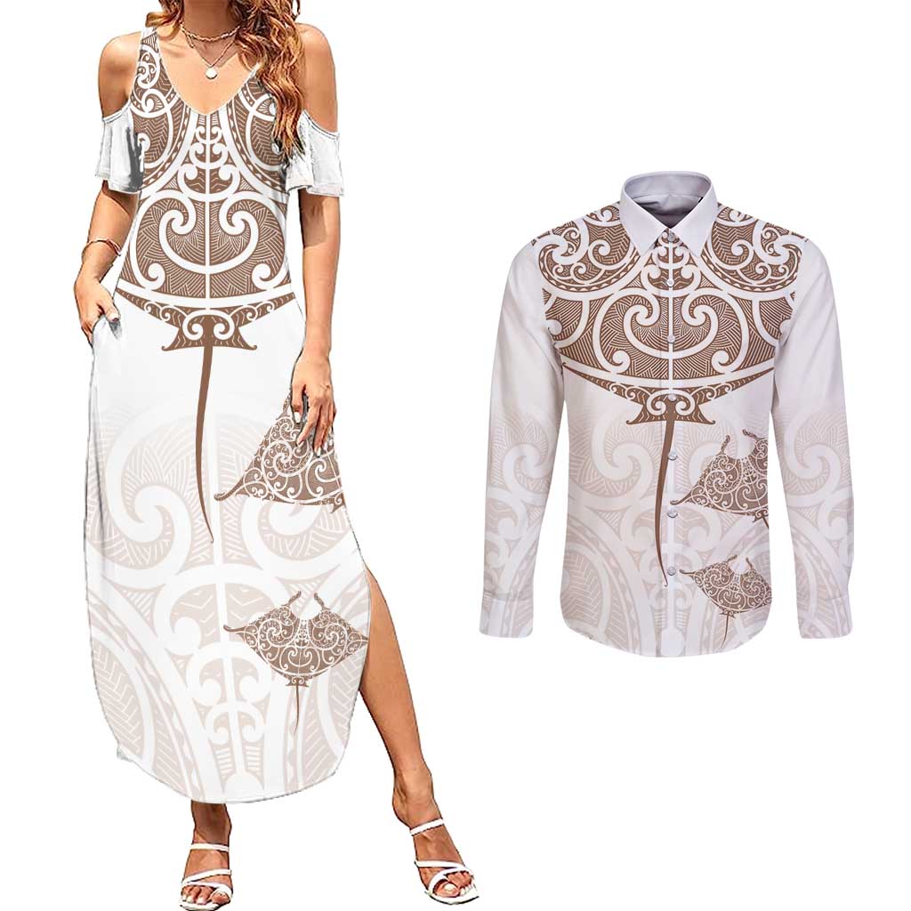 New Zealand Manta Ray Tattoo Couples Matching Summer Maxi Dress and Long Sleeve Button Shirt Aotearoa Maori Haehae Beige - Vibe Hoodie
