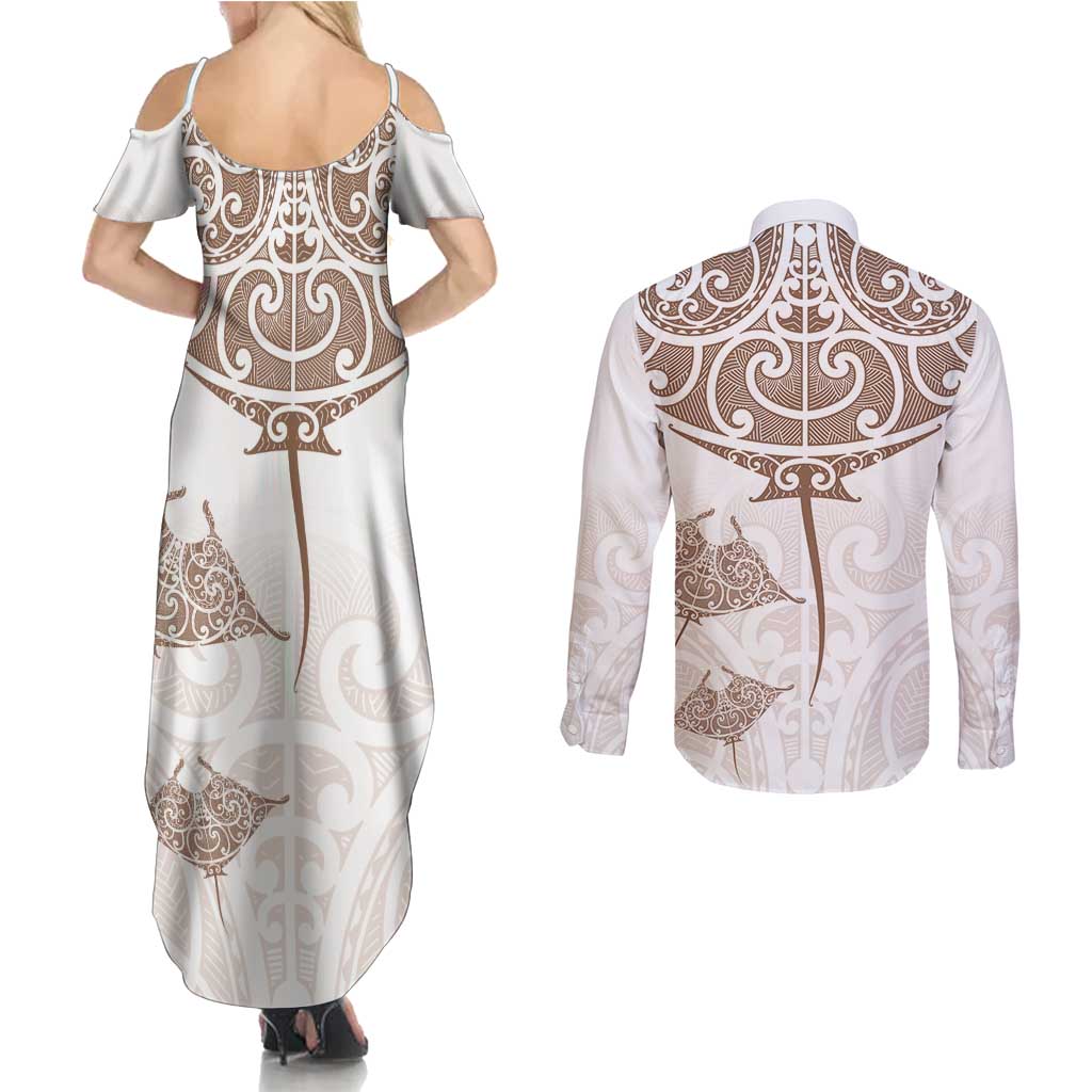 New Zealand Manta Ray Tattoo Couples Matching Summer Maxi Dress and Long Sleeve Button Shirt Aotearoa Maori Haehae Beige - Vibe Hoodie