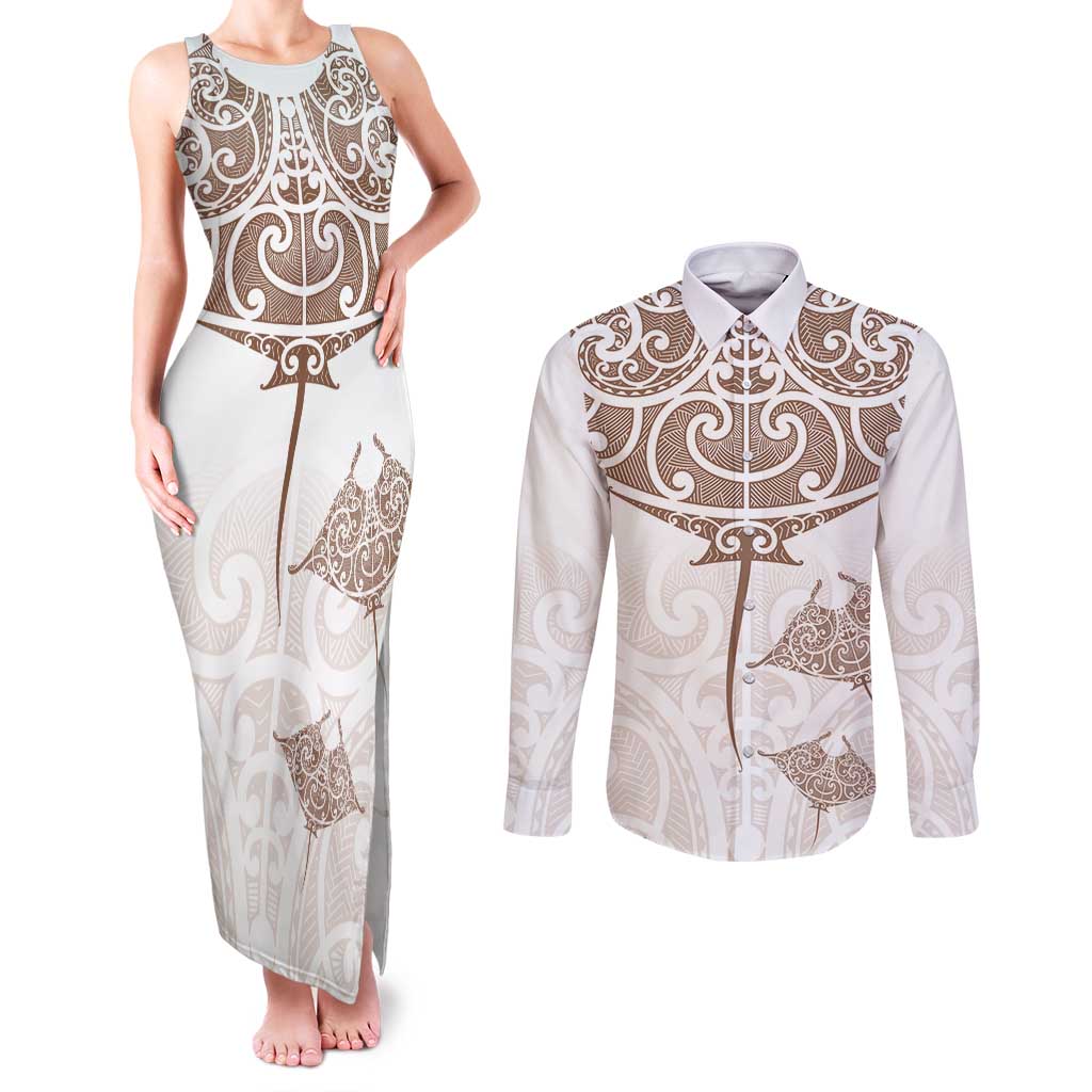 New Zealand Manta Ray Tattoo Couples Matching Tank Maxi Dress and Long Sleeve Button Shirt Aotearoa Maori Haehae Beige - Vibe Hoodie