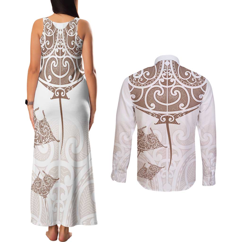 New Zealand Manta Ray Tattoo Couples Matching Tank Maxi Dress and Long Sleeve Button Shirt Aotearoa Maori Haehae Beige - Vibe Hoodie