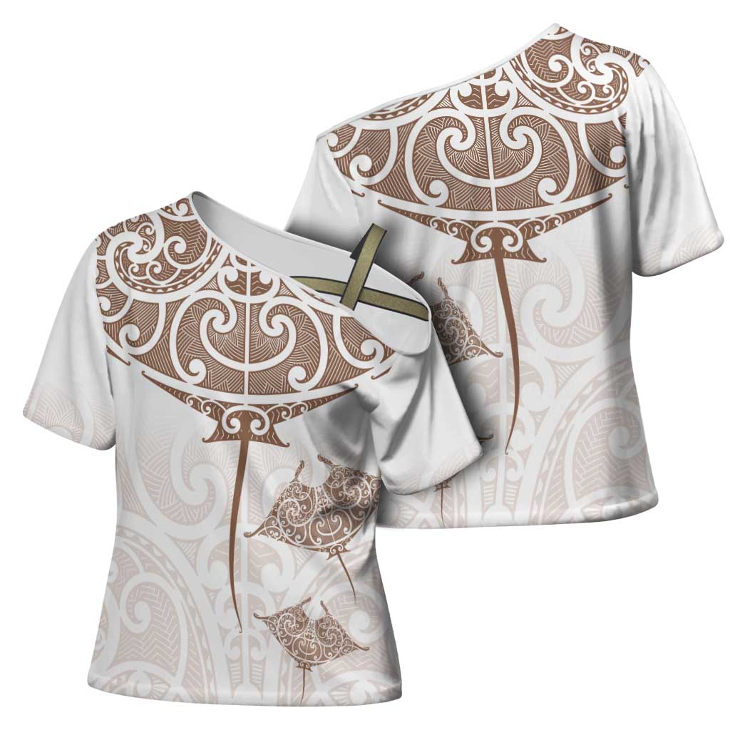 New Zealand Manta Ray Tattoo Cross Shoulder Shirt Aotearoa Maori Haehae Beige - Vibe Hoodie
