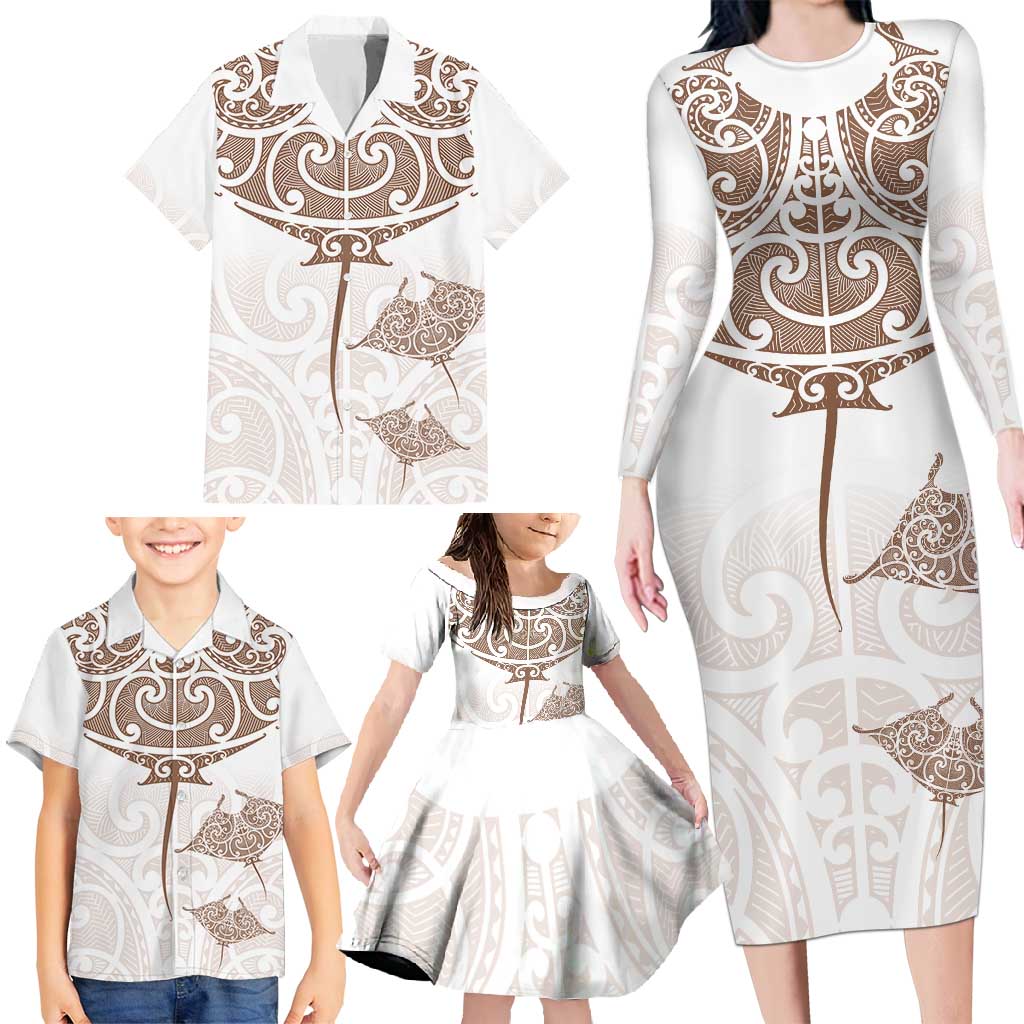 New Zealand Manta Ray Tattoo Family Matching Long Sleeve Bodycon Dress and Hawaiian Shirt Aotearoa Maori Haehae Beige - Vibe Hoodie