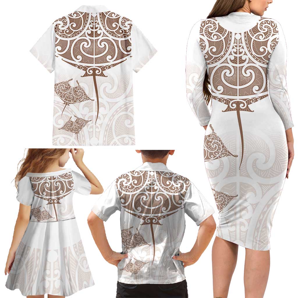 New Zealand Manta Ray Tattoo Family Matching Long Sleeve Bodycon Dress and Hawaiian Shirt Aotearoa Maori Haehae Beige - Vibe Hoodie