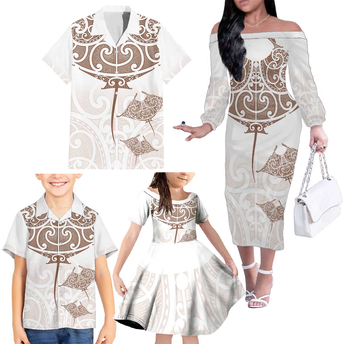 New Zealand Manta Ray Tattoo Family Matching Off The Shoulder Long Sleeve Dress and Hawaiian Shirt Aotearoa Maori Haehae Beige - Vibe Hoodie