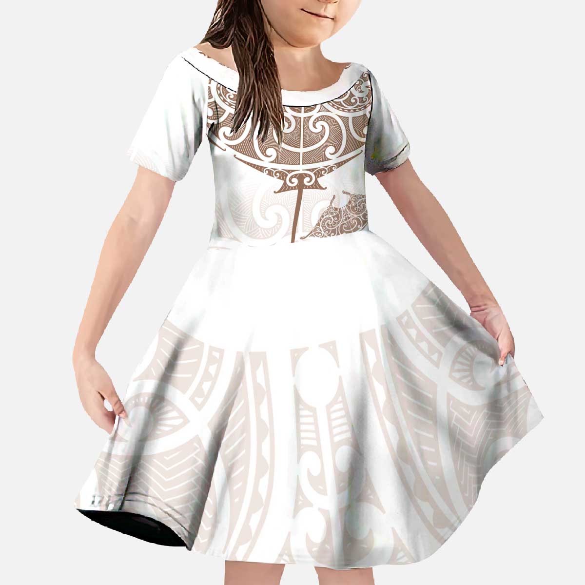 New Zealand Manta Ray Tattoo Family Matching Off The Shoulder Long Sleeve Dress and Hawaiian Shirt Aotearoa Maori Haehae Beige - Vibe Hoodie